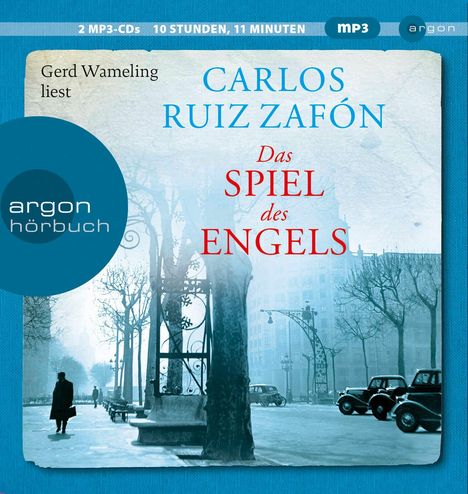 „Carlos Ruiz Zafón: Das Spiel des Engels.“ „Gerd Wameling liest.“ Winterliche Stadtstraße mit Auto und Fußgänger.
