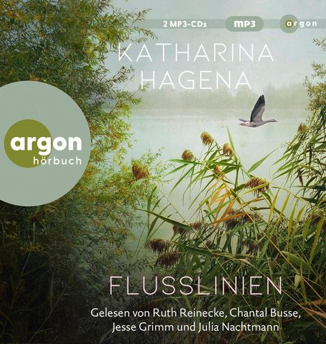 "2 MP3-CDs, MP3, argon, argon hörbuch, KATHARINA HAGENA, FLUSSLINIEN. Gelesen von Ruth Reinecke, Chantal Busse, Jesse Grimm und Julia Nachtmann. Logo links, Landschaft mit fliegendem Vogel, Schilf und Wasser."