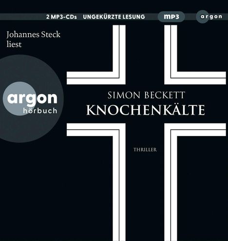 "Simon Beckett KNOCHENKÄLTE, Johannes Steck liest, 2 MP3-CDs, UNGEKÜRZTE LESUNG, argon hörbuch. Dunkles Design."