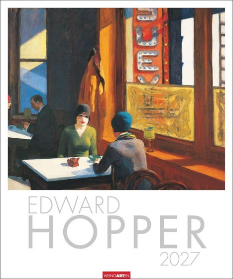 Text: "Edward Hopper 2027". Eine Illustration zeigt ein Café mit Menschen an Tischen, bunte Beleuchtung im Fenster.