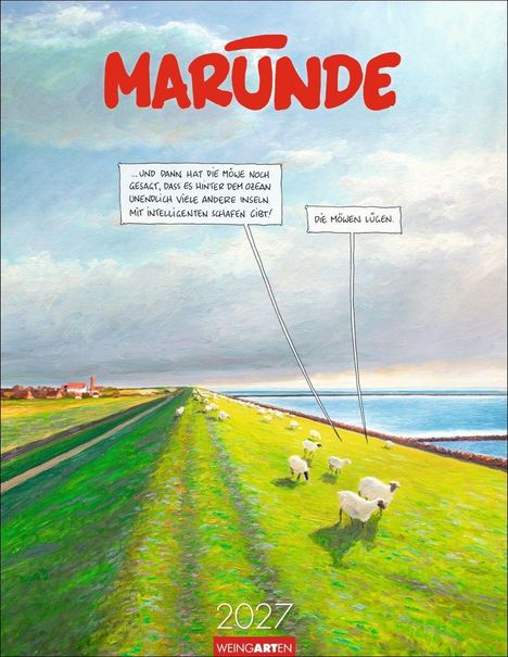 Comic-Illustration mit Schafen auf einem Deich. Sprechblasen: „...dass es hinter dem Ozean unendlich viele Inseln gibt...“, „Die Möwen lügen.“