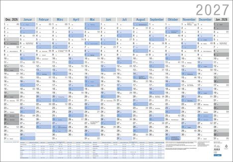 Kalender 2027: Enthält Monate von Januar bis Dezember, mit Feiertagen farblich markiert.