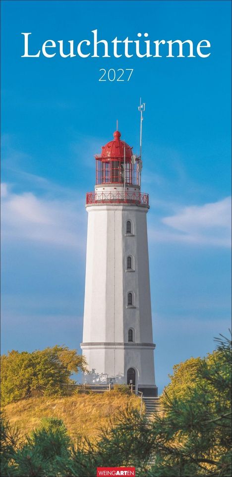 Text: "Leuchttürme 2027", darunter ein weißer Leuchtturm mit roter Kuppel vor blauem Himmel. Unten das Logo: "WEINGARTEN".
