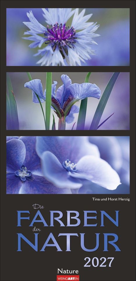 "Die Farben der Natur 2027." Drei Fotos von blauen Blumen: Kornblume, Schwertlilie und Hortensie.