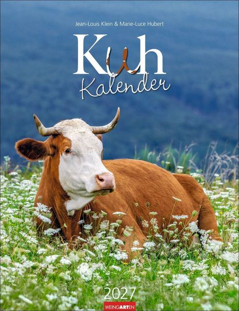 „Kuh Kalender 2027“. Eine braune Kuh liegt auf einer Wiese voller weißer Blumen. Im Hintergrund ein Wald.