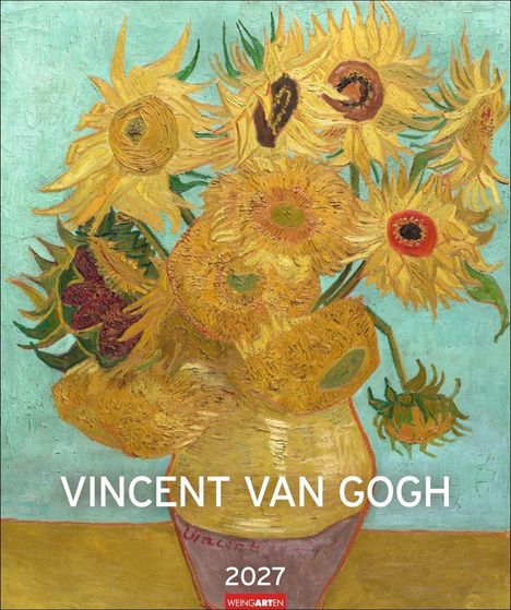 Text: "VINCENT VAN GOGH", "2027". 

Illustration: Sonnenblumen in einer Vase vor hellem Hintergrund.