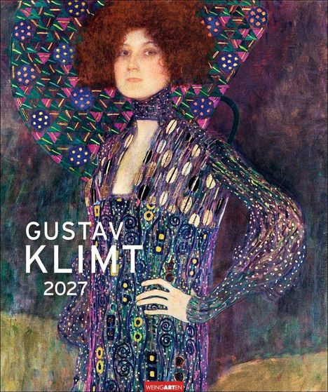 Texte: "GUSTAV KLIMT 2027". Eine Frau in leuchtendem, detailreichem Kleid vor abstraktem Muster.
