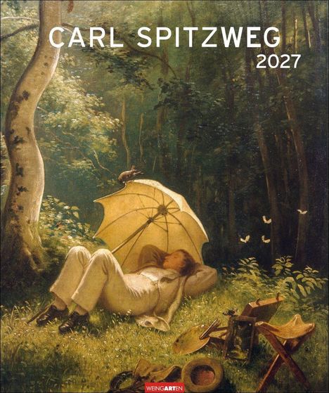"Carl Spitzweg 2027." Ein Mann ruht im Wald, liegt unter einem Sonnenschirm, umgeben von Natur und ruhigen Szenen.