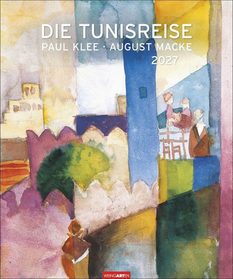 "Die Tunisreise, Paul Klee, August Macke, 2027." Illustration: Farbige Gebäude und Figuren in abstrakten Formen.