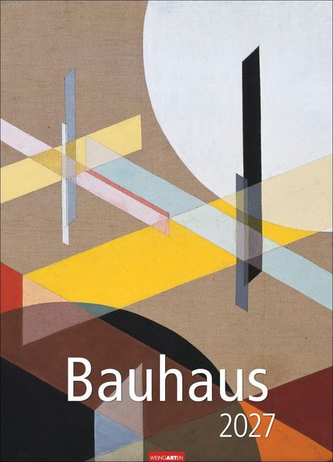 Text: "Bauhaus 2027". Geometrische Formen und Farbflächen in Gelb, Grau, Rot und Schwarz auf beigem Hintergrund.