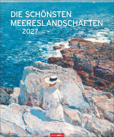 "Die schönsten Meereslandschaften 2027." Illustration einer Person in Weiß und Hut, die auf Felsen am Meer sitzt.