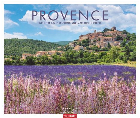 "PROVENCE: Blühende Lavendelfelder und malerische Dörfer. 2027. Weitläufige Lavendelfelder vor einem Hügeldorf."
