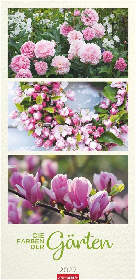 "Die Farben der Gärten 2027" in grünem und rotem Text. Drei Fotos voller leuchtender Blumen in Rosa und Weiß.