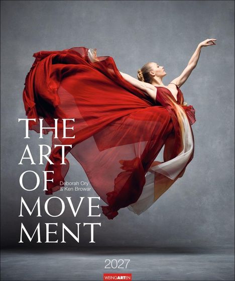 "The Art of Movement" von Deborah Ory & Ken Browar. Eine Ballerina in rotem Kleid, schwebend in eleganter Pose, 2027.