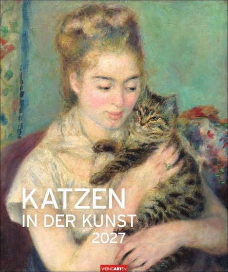 „KATZEN IN DER KUNST 2027“ steht über einem pastellfarbenen Gemälde. Eine Frau hält eine getigerte Katze im Arm.