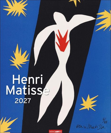 „Henri Matisse 2027“. Illustration: weiße Figur auf schwarzem Hintergrund mit blauen und gelben Sternformen.