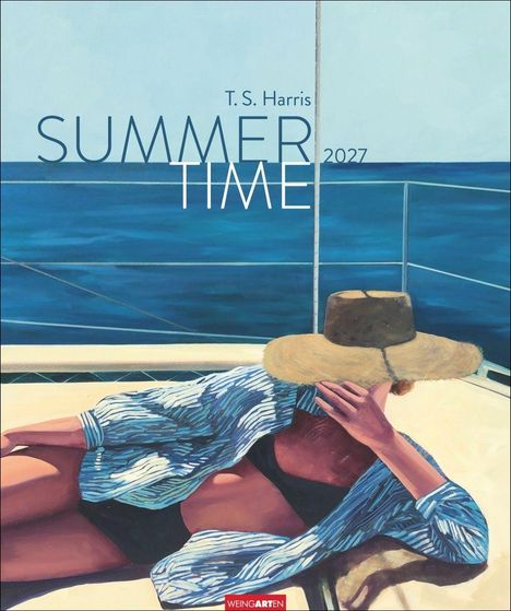 "T.S. Harris SUMMER TIME 2027." Eine Frau in Badebekleidung, die unter einem Hut auf einem Boot in der Sonne liegt.