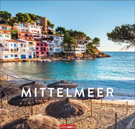 "Lieblingsort Mittelmeer 2027 Weingarten" steht im Vordergrund. Häuser auf Klippen, Strand mit Sonnenschirmen und blaues Wasser.