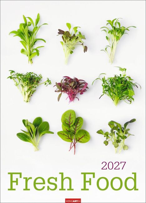 Text: "Fresh Food 2027". Verschiedene grüne und rote Mikrogreens sind in einem ordentlichen Raster angeordnet.