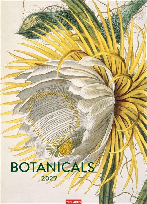 Text: "BOTANICALS 2027". Illustration einer großen Blume mit gelben und weißen Blütenblättern.