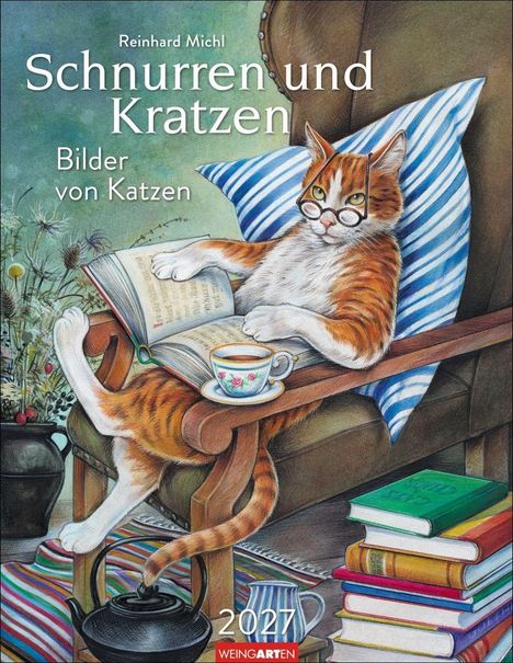 "Schnurren und Kratzen - Bilder von Katzen". Eine Katze mit Brille liest entspannt ein Buch, umgeben von Tee und Büchern.