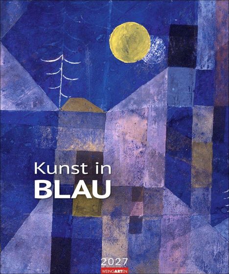 Text: "Kunst in BLAU", "2027", "WEINGARTEN". Eine abstrakte Illustration mit blauen geometrischen Formen und gelber Sonne.