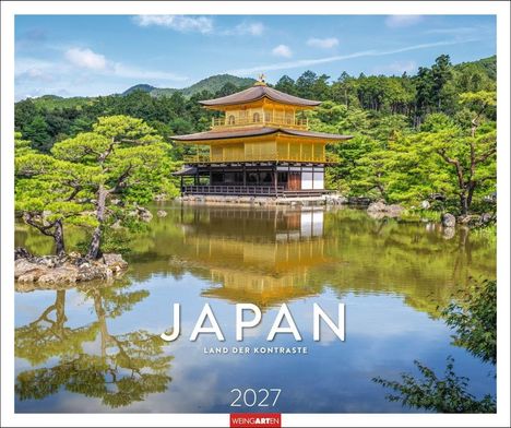 "JAPAN LAND DER KONTRASTE 2027". Im Hintergrund ein goldener Tempel an einem See, umgeben von Bäumen.