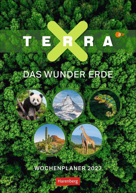 "TERRA X, DAS WUNDER ERDE, WOCHENPLANER 2027." Darunter Naturbilder: Panda, Berg, Chamäleon, Kaktus, Giraffen.