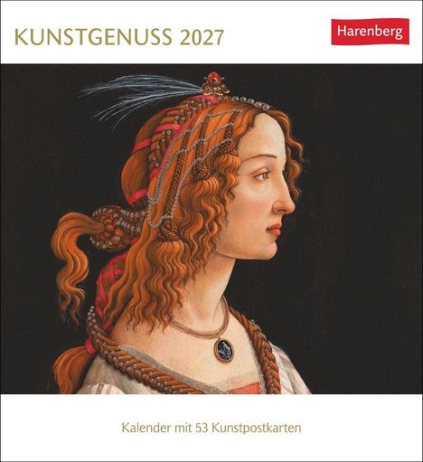KUNSTGENUSS 2027, Kalender mit 53 Kunstpostkarten. Portrait einer Frau im Profil mit aufwendigem Haarschmuck.