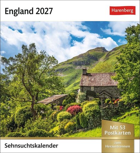 "England 2027" und "Sehnsuchtskalender" mit einer Landschaft aus einem Steinhaus, grünen Hügeln und Bäumen.