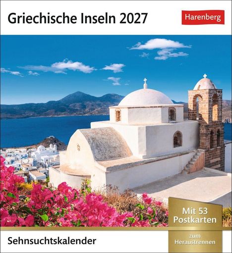 "Griechische Inseln 2027", Bild einer weißen Kirche mit Kuppeln vor blauem Meer und Himmel, rosa Blumen im Vordergrund.