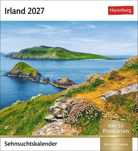 Irland 2027. Harenberg. Sehnsuchtskalender. Mit 53 Postkarten. Küstenlandschaft mit grünem Hügel und blauen Meer.