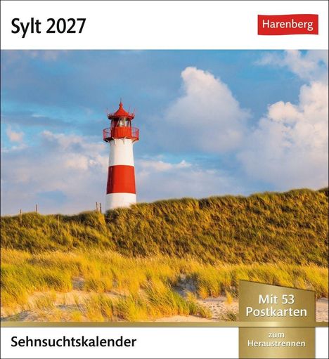 "Sylt 2027", "Sehnsuchtskalender", "Mit 53 Postkarten". Ein roter und weißer Leuchtturm hinter Dünen und blauer Himmel.