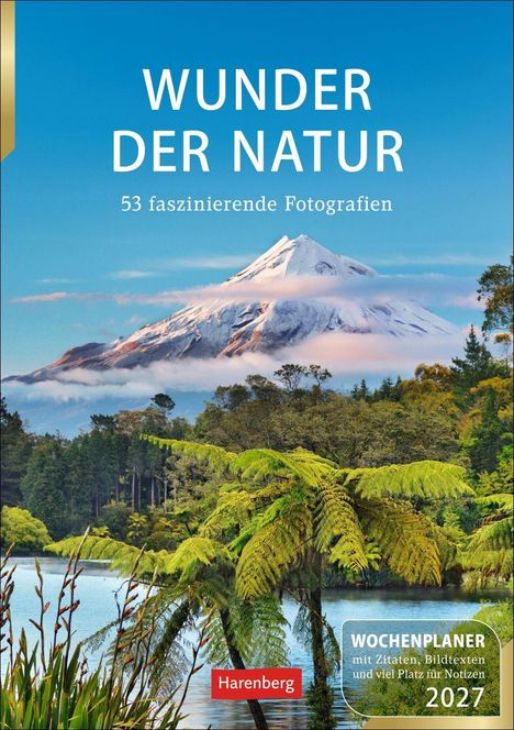 "WUNDER DER NATUR" und "53 faszinierende Fotografien" stehen über einem verschneiten Berg und See. "Harenberg" unten.