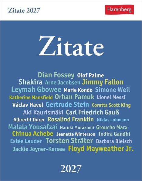 Text: "Zitate 2027", "Harenberg", "Zitate", "2027". Wörter verschiedener Persönlichkeiten in bunter Schrift auf blauem Hintergrund.