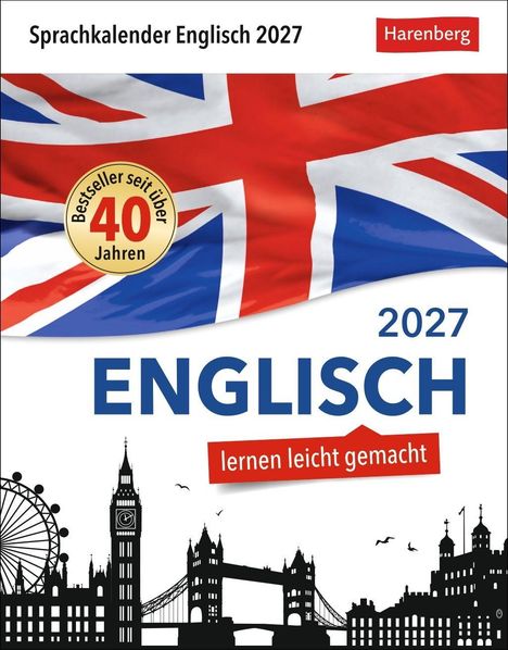 „Sprachkalender Englisch 2027“, „Bestseller seit über 40 Jahren“, Union Jack, Skyline von London mit Big Ben und Tower Bridge.