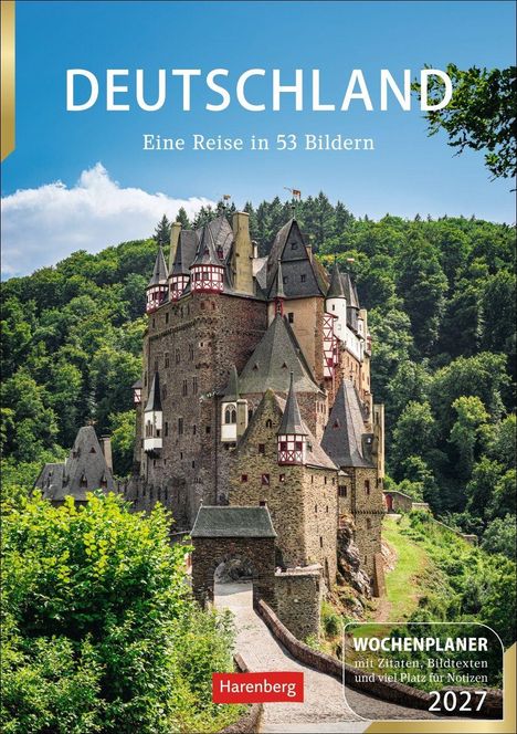 „DEUTSCHLAND Eine Reise in 53 Bildern.“ Alte Burg vor bewaldeten Hügeln. Text: „WOCHENPLANER 2027“ und „Harenberg“.