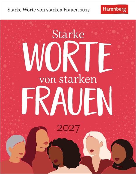 "Starke WORTE von starken FRAUEN 2027". Illustration mehrerer Frauen vor einem roten Hintergrund mit Punkten.