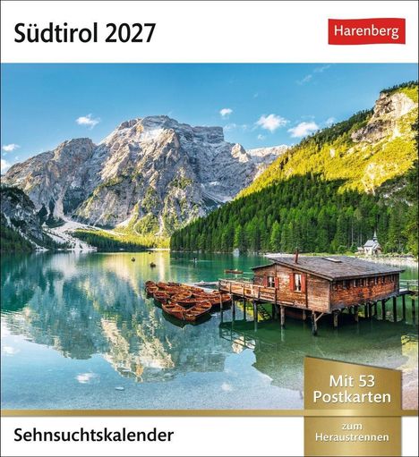 "Südtirol 2027", "Sehnsuchtskalender", "Mit 53 Postkarten zum Heraustrennen". See mit Berghütte und Kanus vor Bergkulisse.