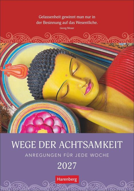"Wege der Achtsamkeit 2027" zeigt eine bunte Buddha-Illustration mit ruhigem Gesicht.