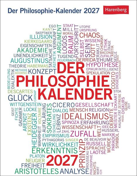 "Der Philosophie-Kalender 2027" und "Harenberg" in einer Wortwolke aus philosophischen Begriffen.