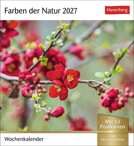 "Farben der Natur 2027", "Wochenkalender", "Mit 53 Postkarten". Rote Blüten auf Ästen mit grünen Knospen.