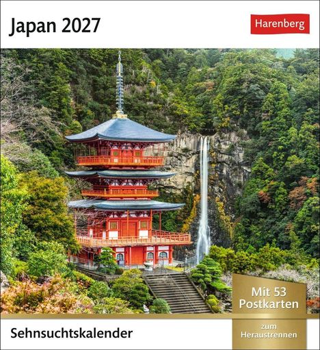 "Japan 2027", "Mit 53 Postkarten", "Sehnsuchtskalender". Ein roter Tempel vor einem Wasserfall in einer grünen Landschaft.