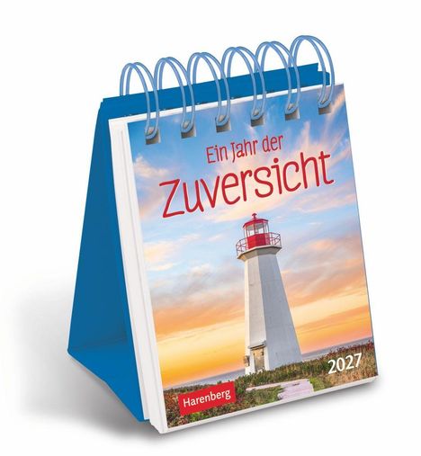 Text: "Ein Jahr der Zuversicht" und "2027". Kalender mit einem Leuchtturm bei Sonnenuntergang, spiralförmig gebunden.