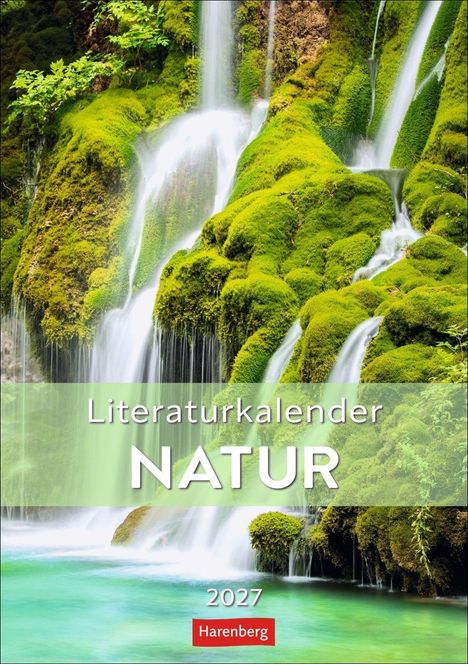 „Literaturkalender NATUR 2027 Harenberg“; grüner Moosteppich mit Wasserfällen.