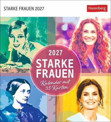 "Starke Frauen 2027. Kalender mit 53 Karten." Bunte Porträts von vier verschiedenen Frauen.