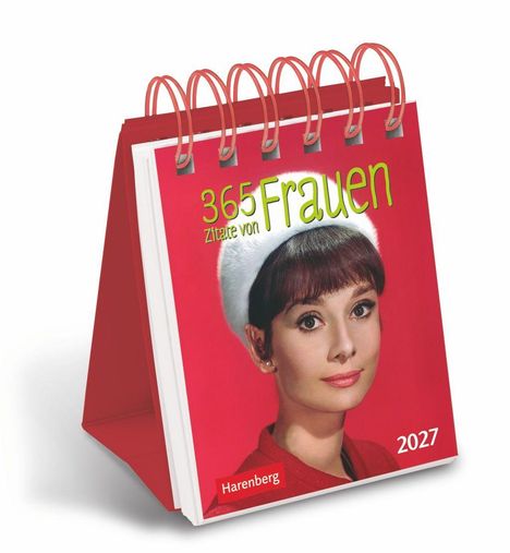 Kalender mit dem Text "365 Zitate von Frauen 2027". Eine Frau mit Mütze vor rotem Hintergrund. Spiralbindung oben.