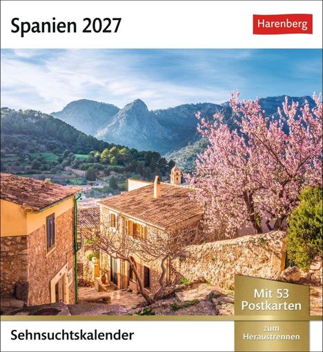 „Spanien 2027“, „Sehnsuchtskalender“, „Mit 53 Postkarten zum Heraustrennen“. Landschaft mit Bergen und blühendem Baum.