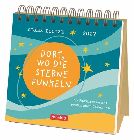 Kalender mit Spiralbindung. Text: "Dort, wo die Sterne funkeln", "53 Postkarten mit poetischen Gedanken". Bunte Sterne.