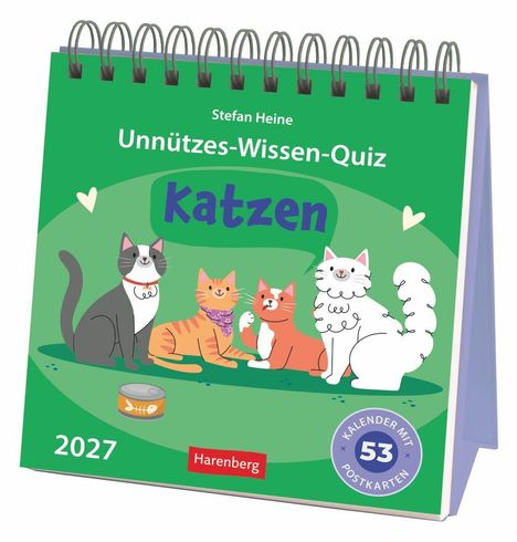 „Unnützes-Wissen-Quiz: Katzen“, Stefan Heine. Vier bunte Katzen, verspielt dargestellt, auf einem grünen Hintergrund.